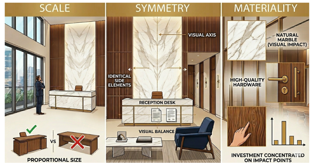 Interior architecture infographic for law firms illustrating three pillars of spatial authority: Scale, Symmetry, and Materiality.